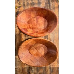 MCM Vintage Woven Wood Salad Bowls Set of 2 Rustic Kitchen Decor‎